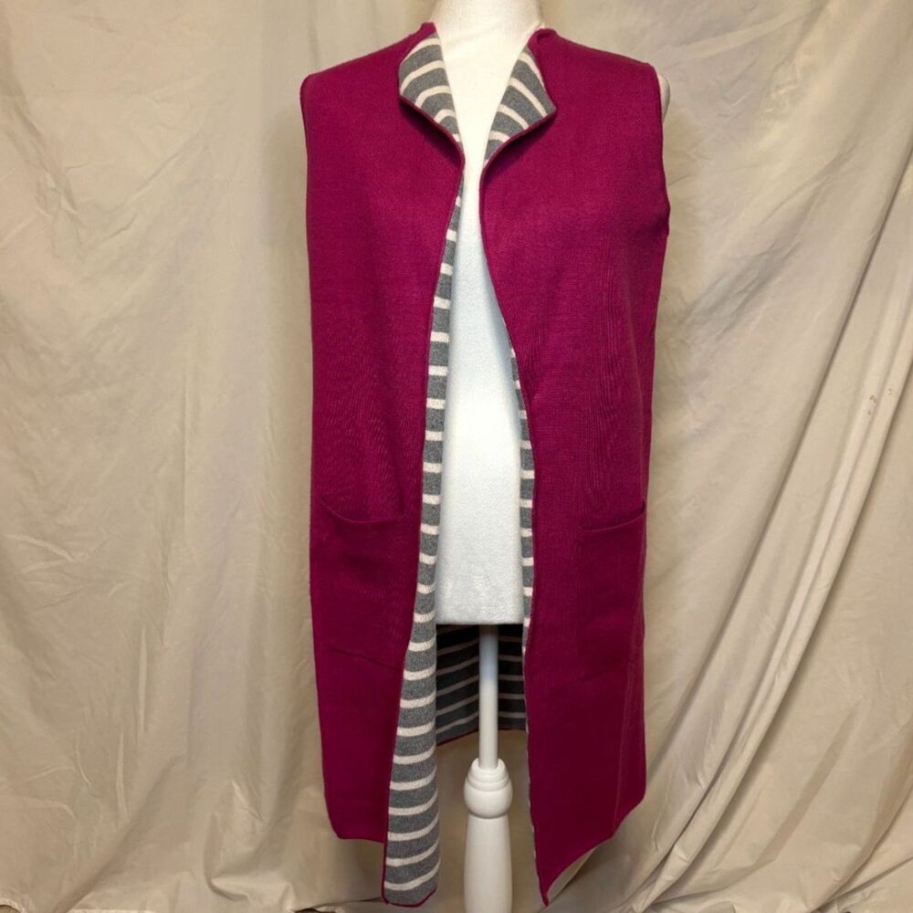 Rain Open Front Purple Grey Stripe Sweater No Sleeve Vest Womens